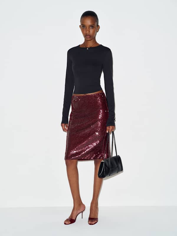 Brodie Sheer Knit Skirt - Wine Sequin