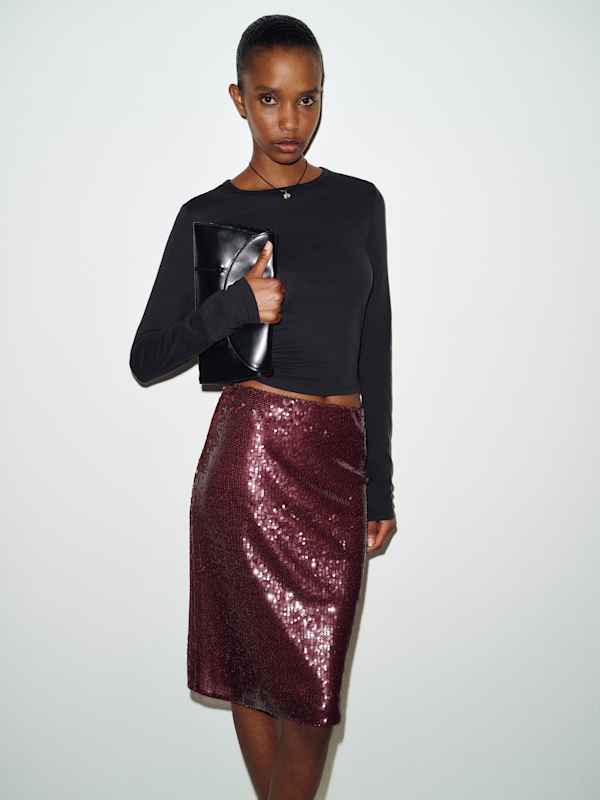Brodie Sheer Knit Skirt - Wine Sequin