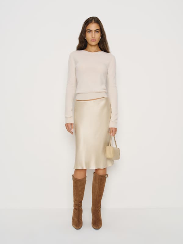 Layla Silk Knee Length Skirt - Almond