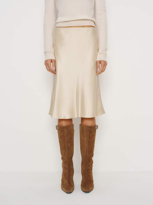 Layla Silk Knee Length Skirt - Almond