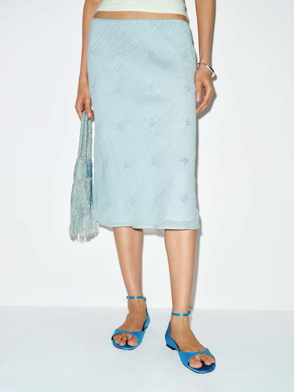 Layla Knee Length Skirt - Blue Embellished