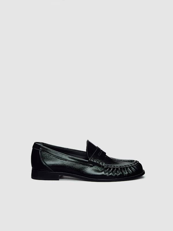 Francine Ruched Loafer - Black Crinkle Patent
