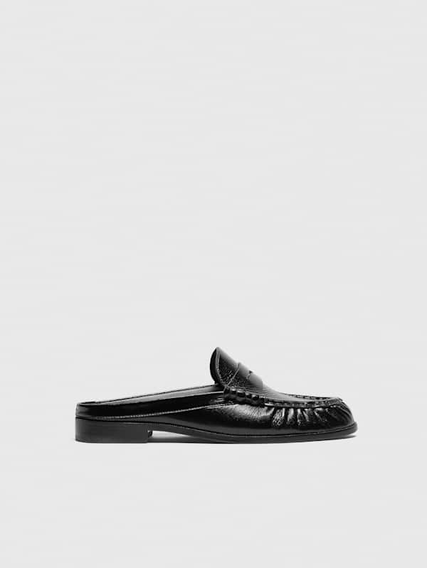 Francine Loafer Mule - Black Crinkle Patent