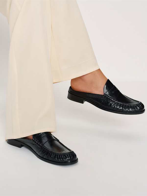 Francine Loafer Mule - Black Crinkle Patent