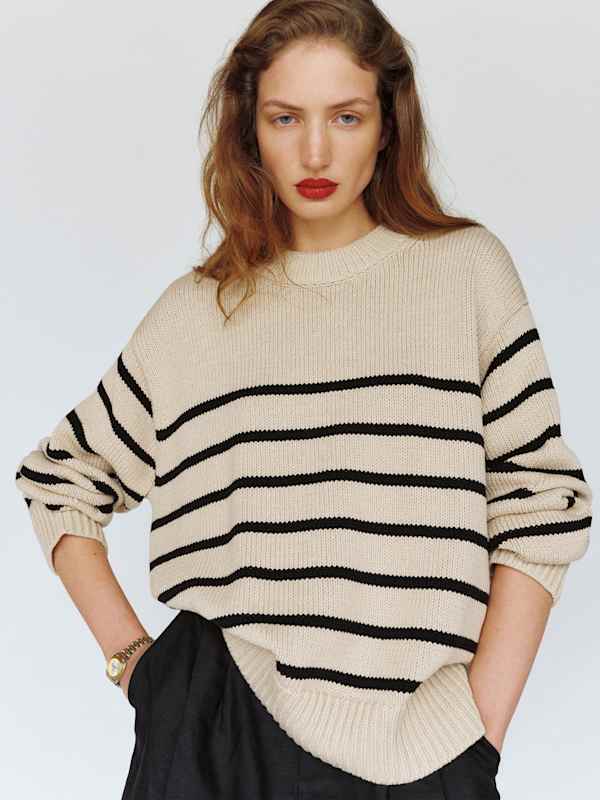 Cove Cotton Oversized Crew - Coyote Black Stripe