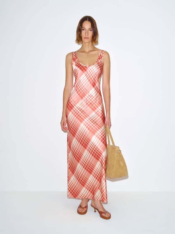 Pamela Silk Dress - Guava Plaid