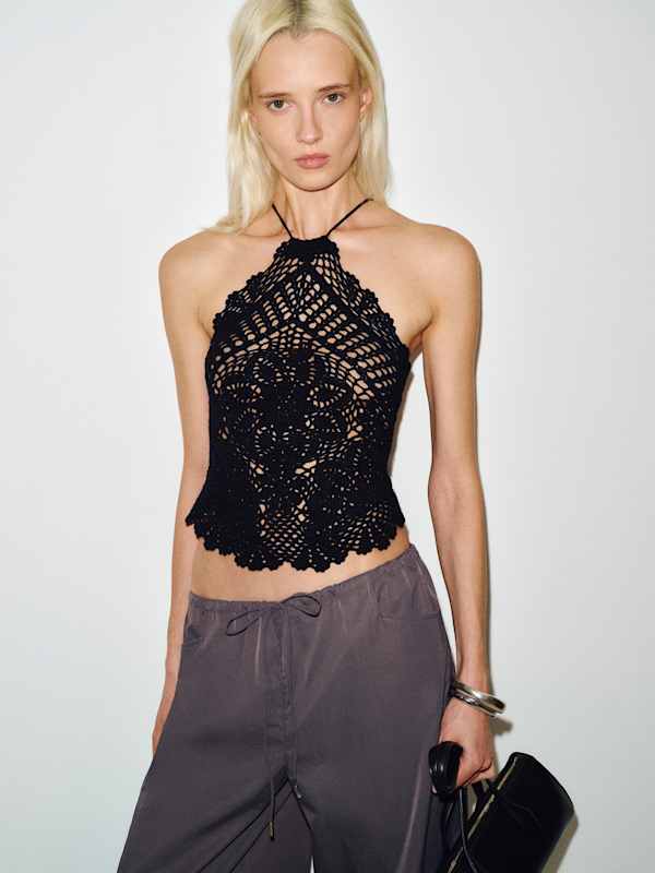 Thea Sheer Cotton Crochet Halter - Black