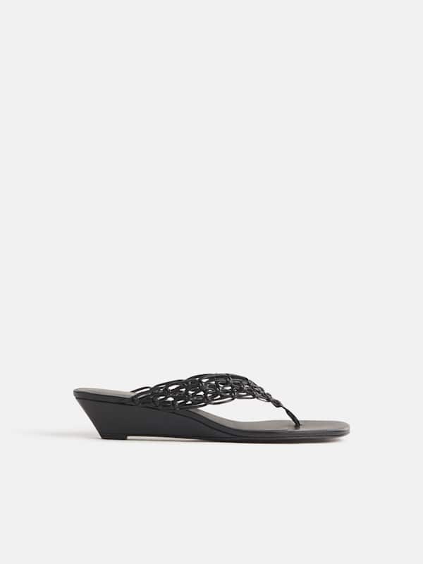 Libby Wedge Thong - Black Leather