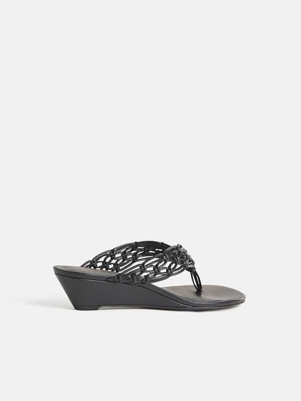 Libby Wedge Thong - Black Leather