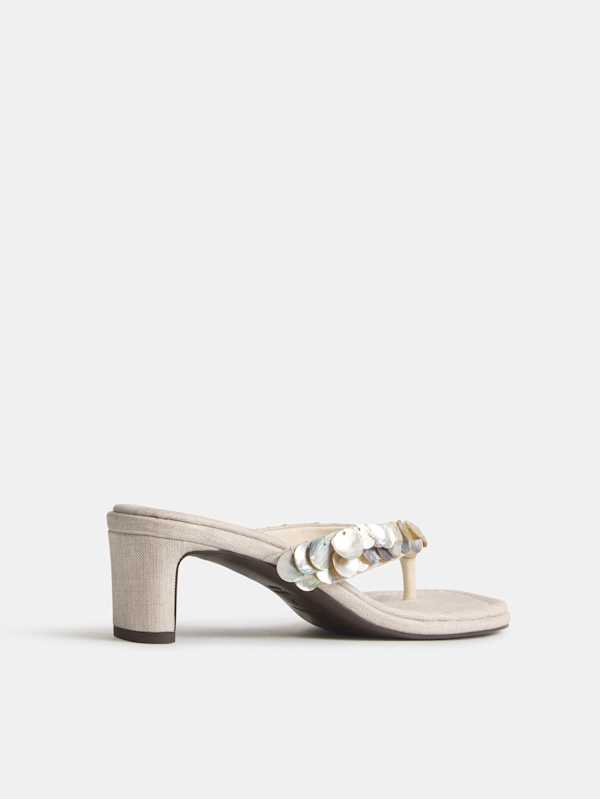 Jessie Block Heel Sandal - Oatmeal Linen Mother Of Pearl