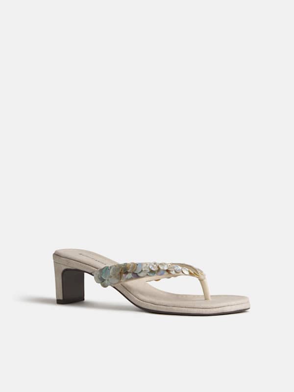Jessie Block Heel Sandal - Oatmeal Linen Mother Of Pearl