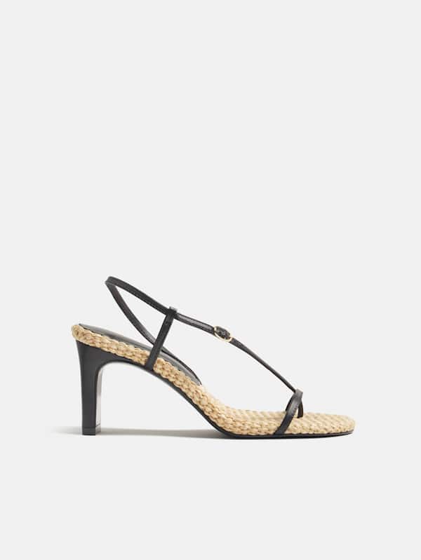 Pina Heeled Sandal - Black Leather Natural Raffia
