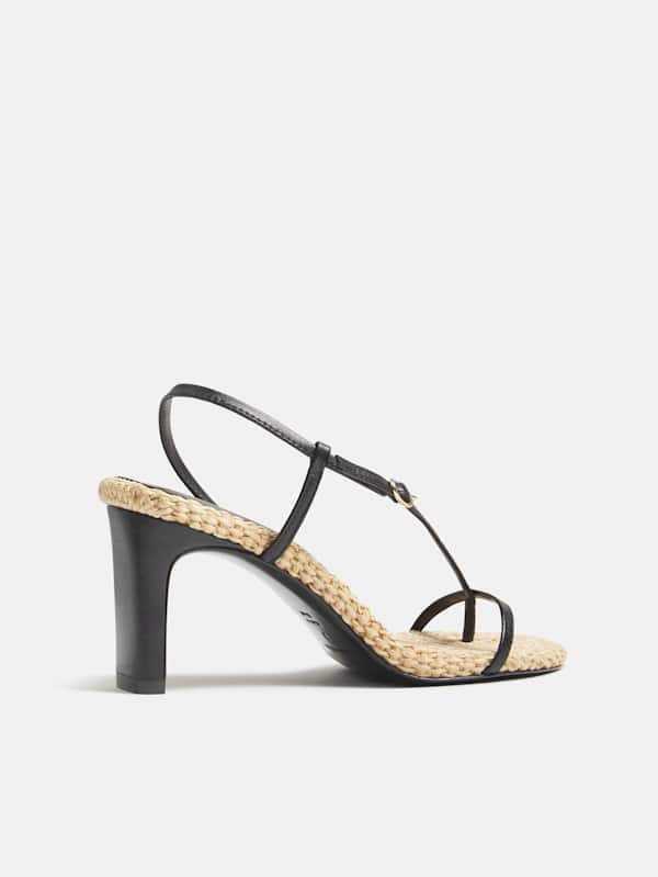 Pina Heeled Sandal - Black Leather Natural Raffia