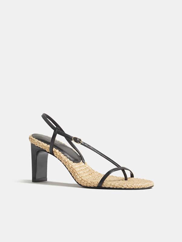 Pina Heeled Sandal - Black Leather Natural Raffia