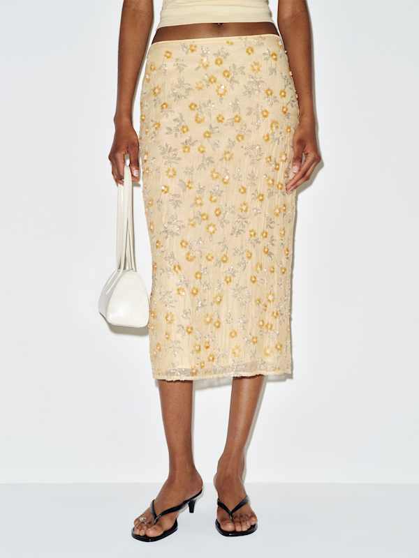Helen Low Waist Midi Skirt - Yellow Embellished