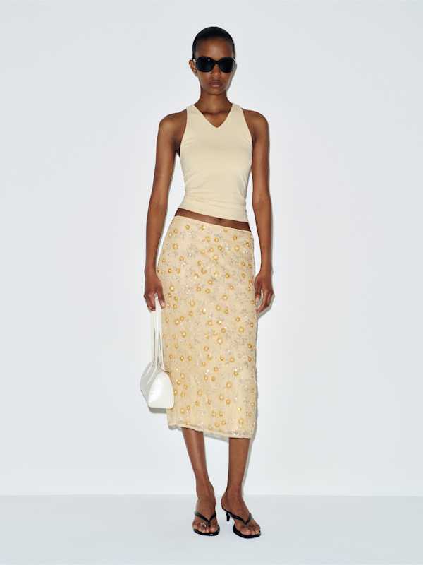 Helen Low Waist Midi Skirt - Yellow Embellished