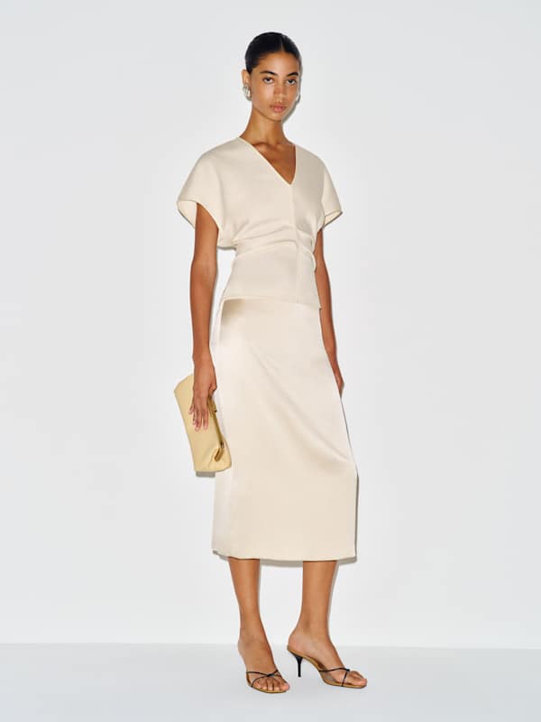 Helen Low Waist Silk Midi Skirt - Almond