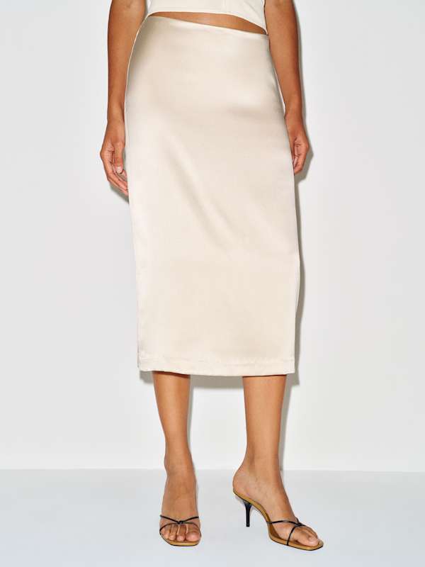 Helen Low Waist Silk Midi Skirt - Almond