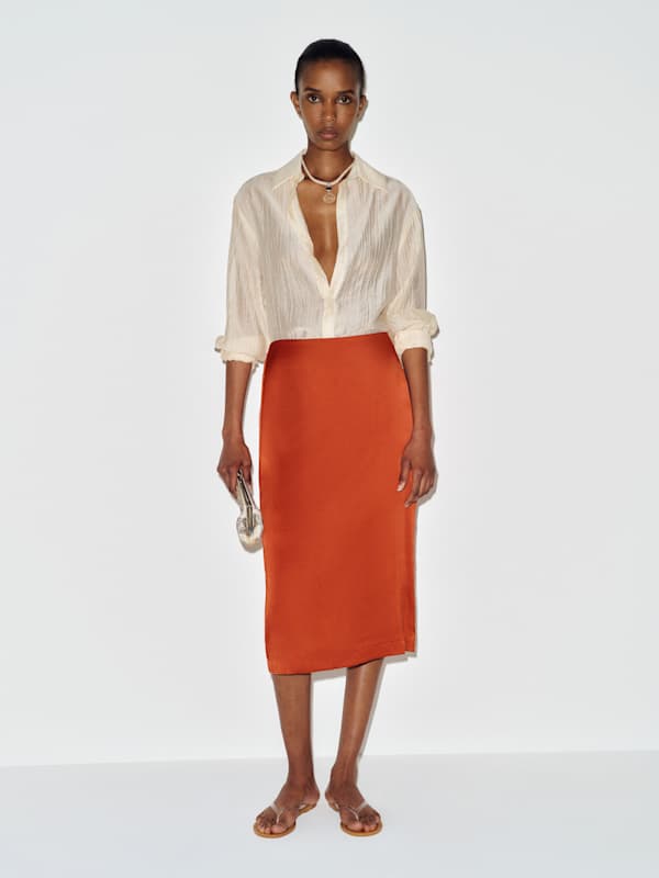 Helen Low Waist Silk Midi Skirt - Chili Mango