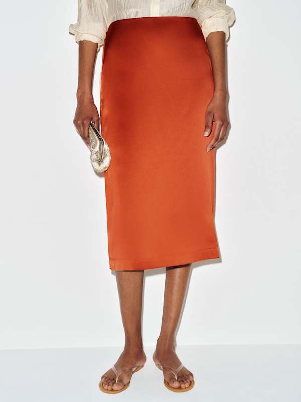 Helen Low Waist Silk Midi Skirt - Chili Mango
