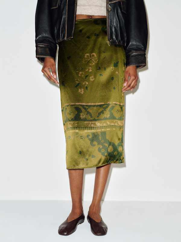 Helen Low Waist Silk Midi Skirt - Emerald Tapestry
