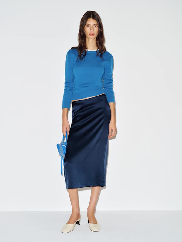 Helen Low Waist Silk Midi Skirt - Navy