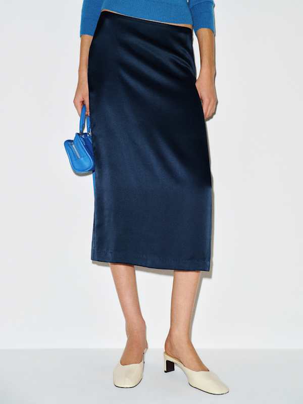 Helen Low Waist Silk Midi Skirt - Navy