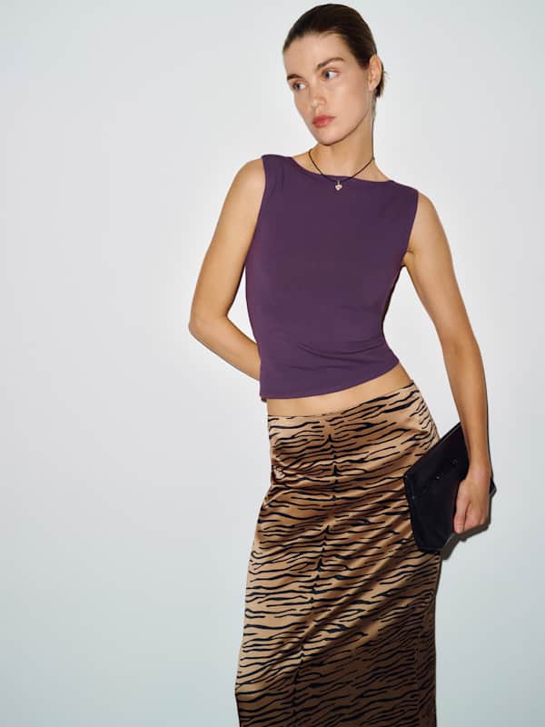 Helen Low Waist Silk Midi Skirt - Tan Tiger