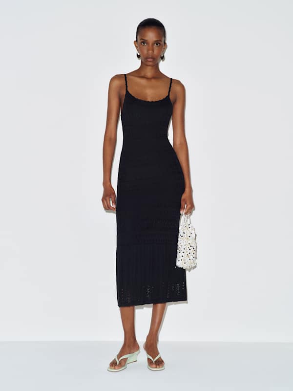 River Cotton Crochet Sweater Dress - Black