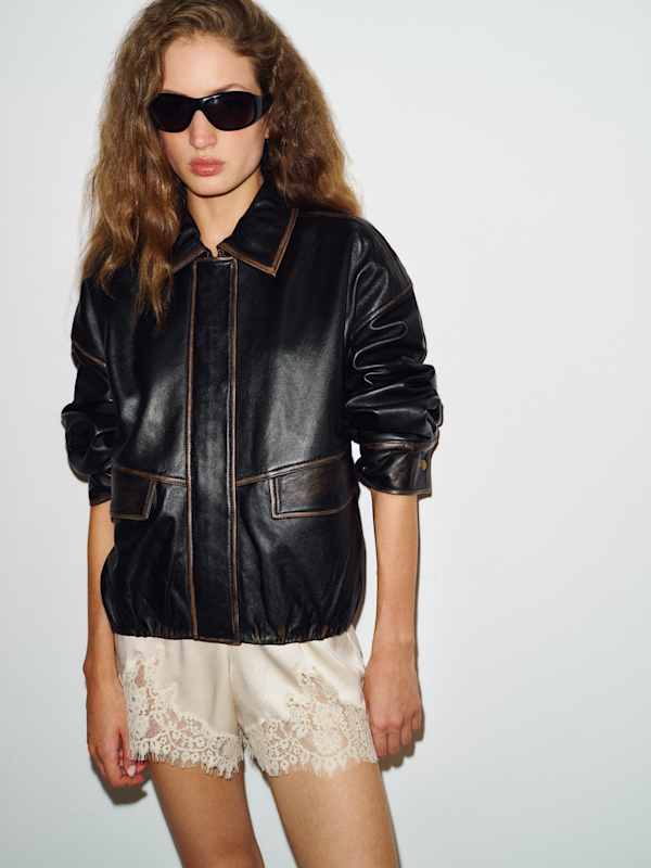 Veda Taelor Bomber Jacket - Black Distressed Leather