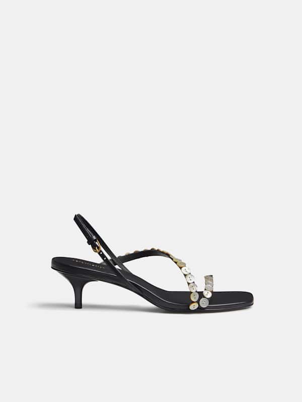 Shoshana Heeled Sandal - Black Leather Shell Buttons