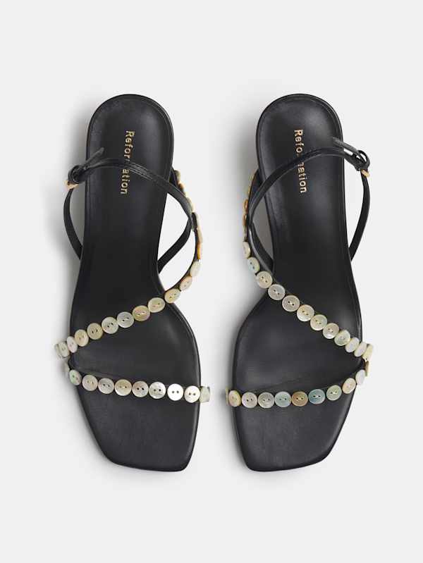 Shoshana Heeled Sandal - Black Leather Shell Buttons