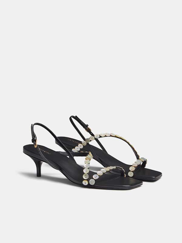 Shoshana Heeled Sandal - Black Leather Shell Buttons