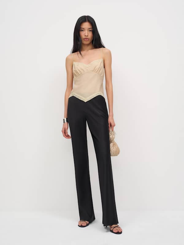 Gale Satin Mid Rise Long Pant - Black