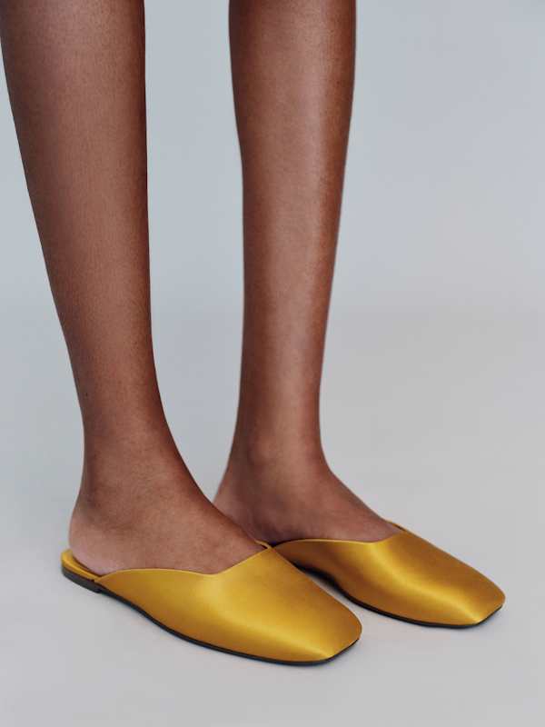 Inez Flat Mule - Honey Mustard Satin