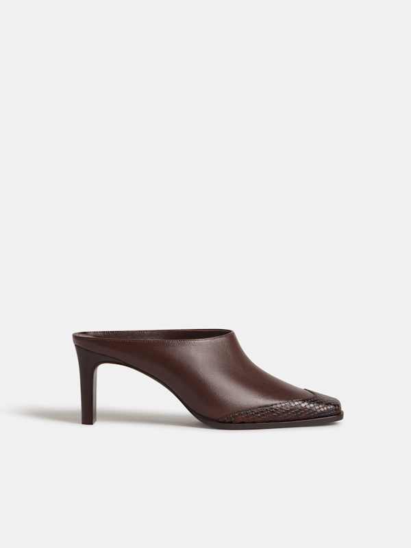 Claudette Heeled Mule - Espresso Leather Chocolate Snake
