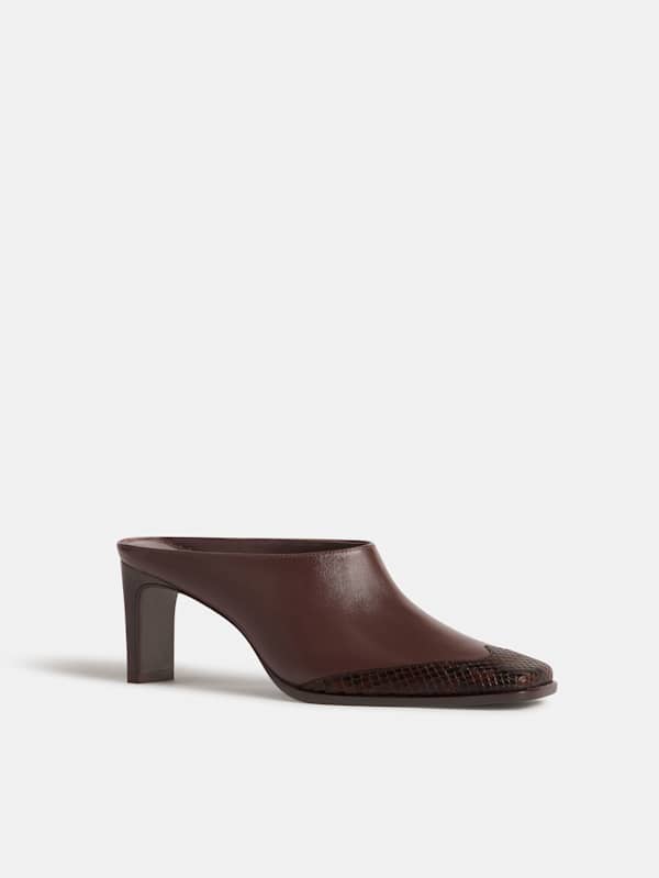 Claudette Heeled Mule - Espresso Leather Chocolate Snake