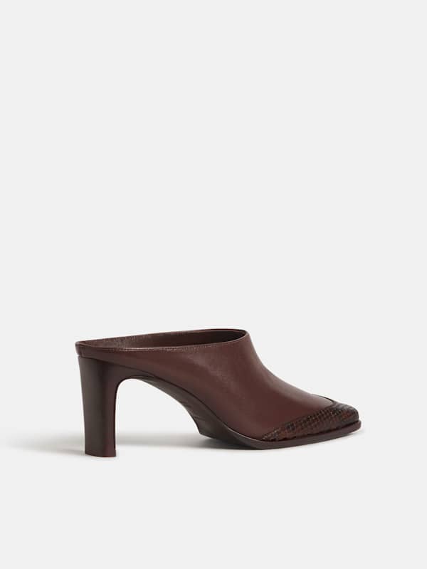 Claudette Heeled Mule - Espresso Leather Chocolate Snake