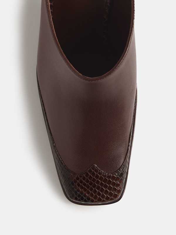 Claudette Heeled Mule - Espresso Leather Chocolate Snake