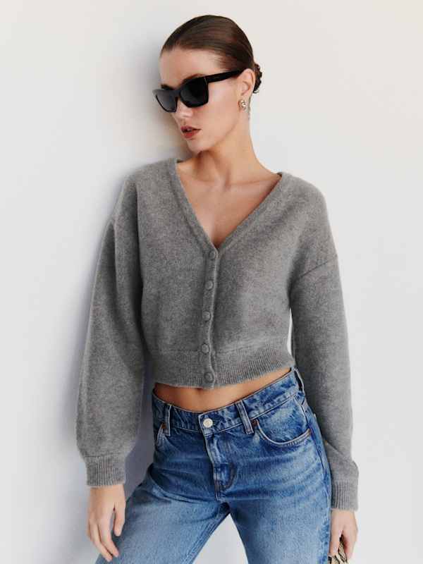 Sloane Regenerative Wool Cropped V-Neck Cardigan - Mid Grey