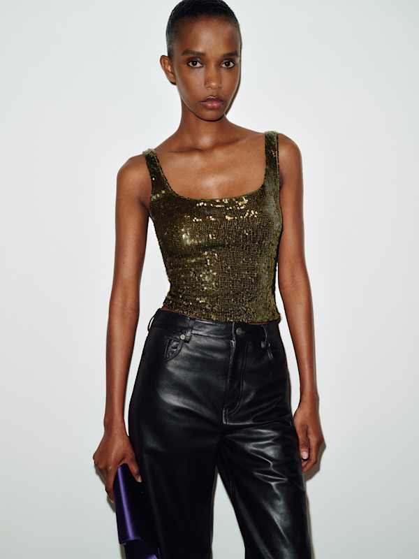 Carla Knit Top - Dark Green Sequin