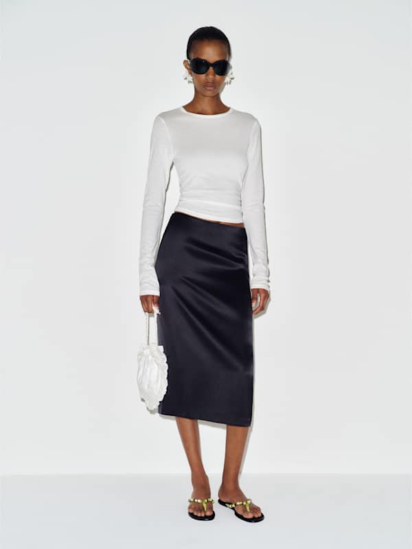 Petites Helen Low Waist Silk Midi Skirt - Black