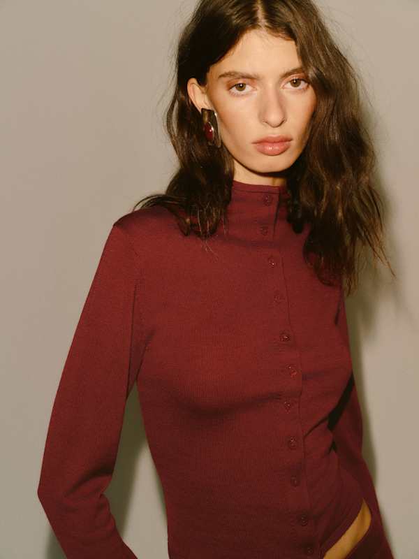Marissa Regenerative Mock Neck Merino Cardigan - Chianti