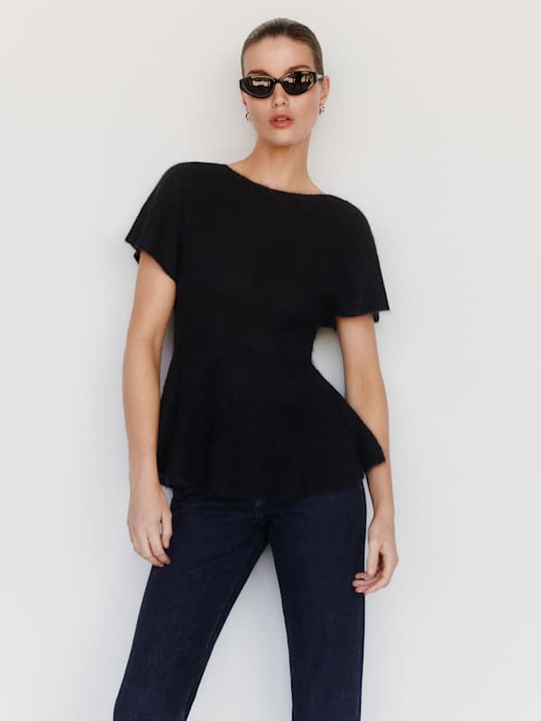 Anna Alpaca Peplum Sweater Top - Black