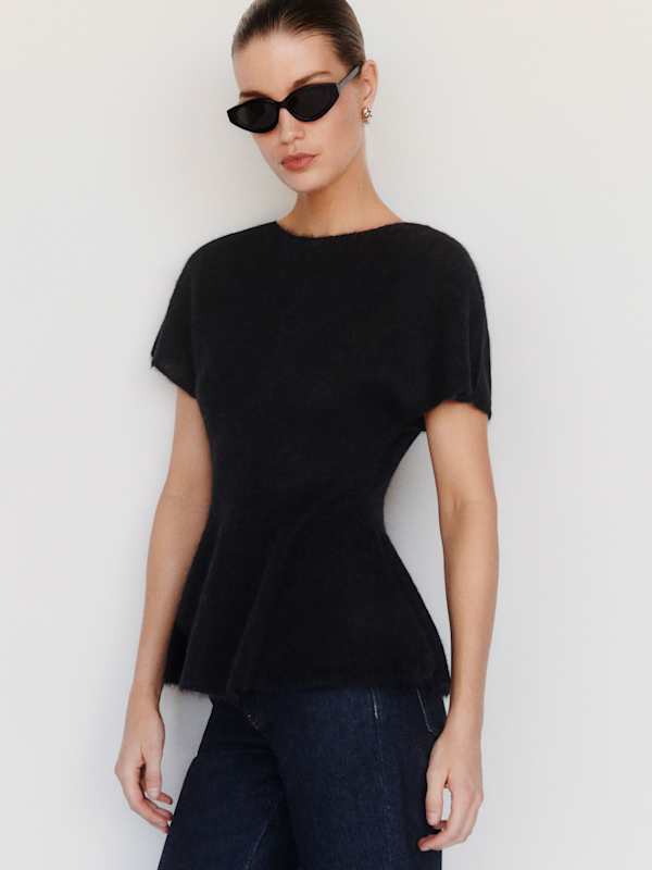 Anna Alpaca Peplum Sweater Top - Black