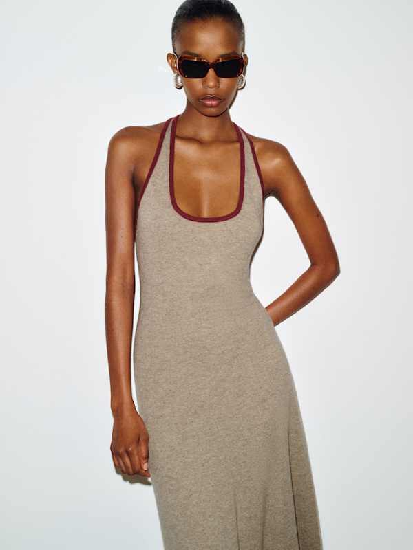 Mia Cashmere Halter Dress - Oatmeal Chianti Contrast