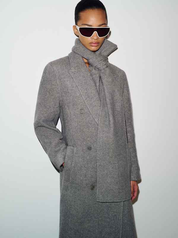 Tayran Relaxed Coat - Grey Herringbone With Scarf
