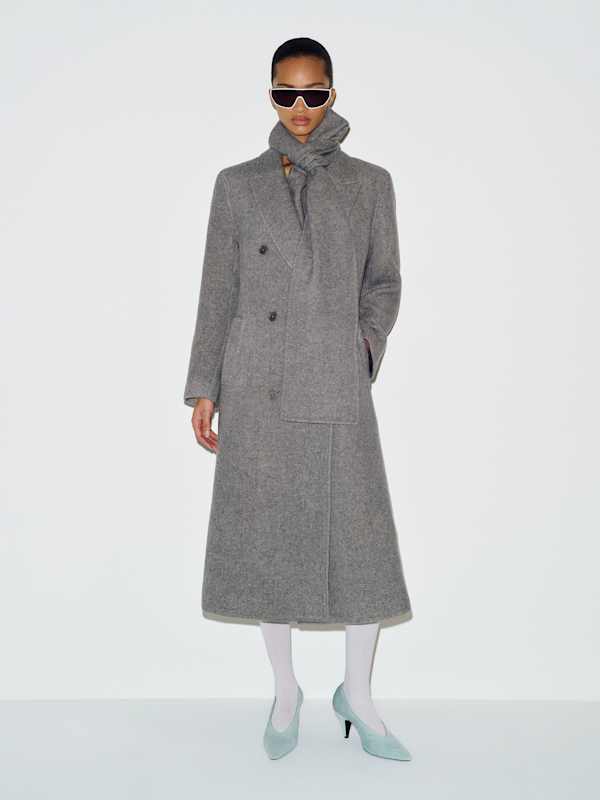 Tayran Relaxed Coat - Grey Herringbone With Scarf