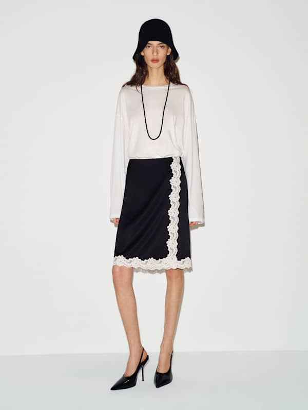 Ives Satin Skirt - Black With Cream Lace