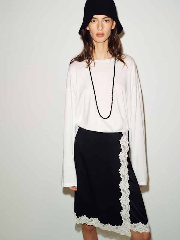 Ives Satin Skirt - Black With Cream Lace